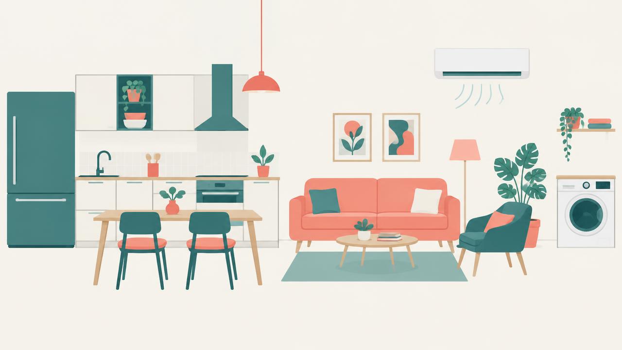Illustration of a kitchen and lounge with fridge, split AC and washing machine